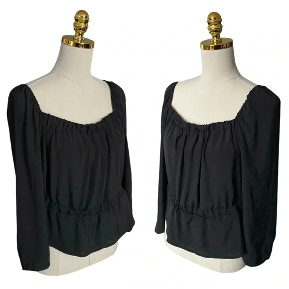 7 FOR ALL MANKIND Black Puff Sleeve Square Neckline Peplum Satin Blouse Size XL - Picture 2 of 8